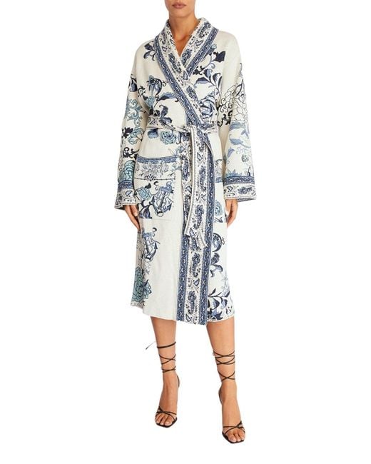Etro Blue Floral Print Wrap Coat
