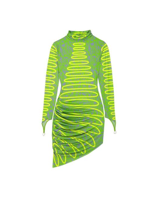 Maisie Wilen Green Ruched Printed Stretch-jersey Turtleneck Mini Dress