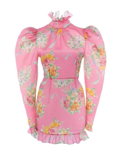 Alessandra Rich Pink Floral Puff-sleeve Silk Mini Dress