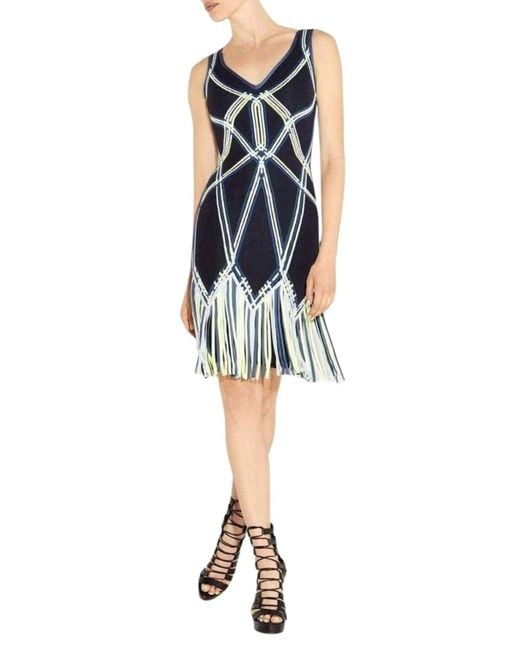 Hervé Léger Blue Charoletta Basket Weave Fringe Jacquard Dress