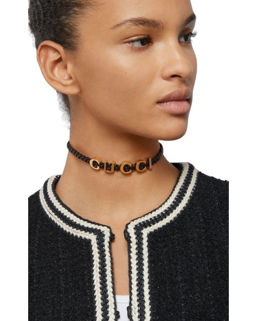 Gucci Multicolor Leather Choker Necklace In Black With Gold-tone Logo