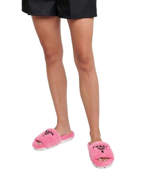 Prada Pink Logo-embroidered Faux Shearling Slides
