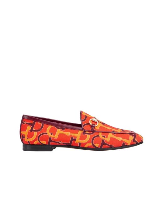 Gucci Red Jordaan Orange Horsebit Canvas Loafer