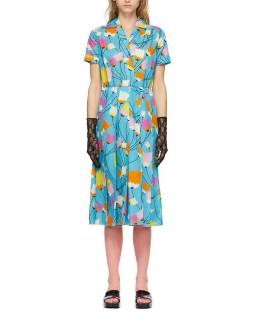Gucci Blue Tulip Print Pleated Dress