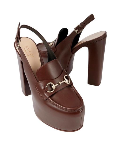 Gucci Brown Ottavia Horsebit Loafer 145mm Platform Slingback Pumps
