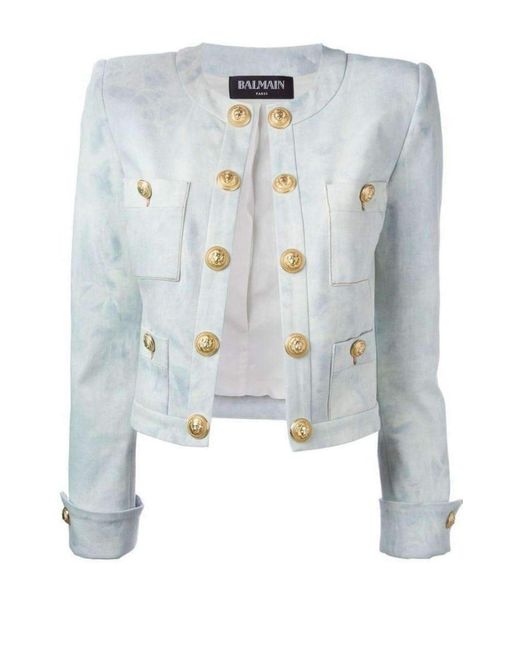 Balmain Blue Cropped Stretch Cotton Denim Blazer