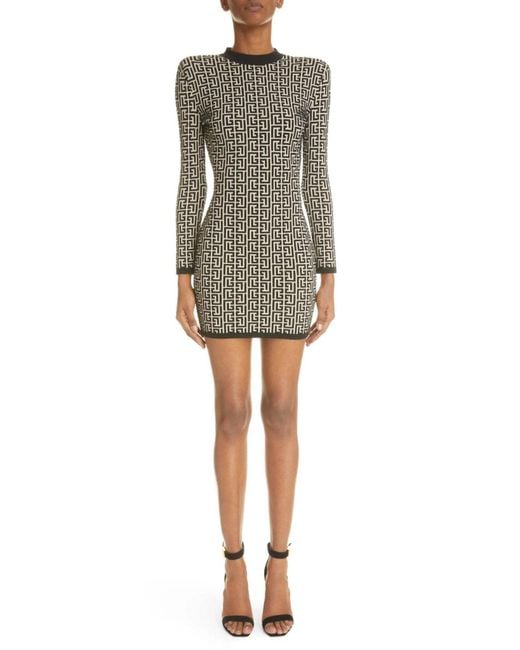 Balmain Black Monogram Jacquard Wool Blend Minidress