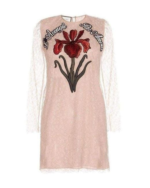 Gucci Natural Nude Lace Embroidered Dress