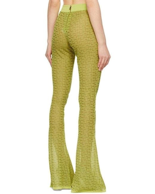 Balmain Green Semi-sheer Monogram Pattern Flared Pants