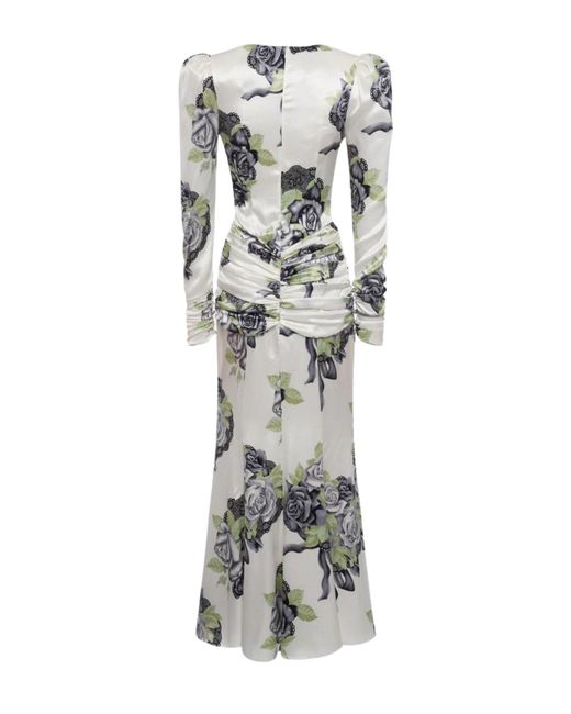 Alessandra Rich Gray Silk Satin Rose Print Midi Dress
