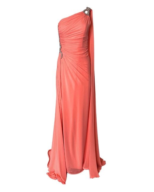 Cult Moda Red One Shoulder Beaded Gown In Coral