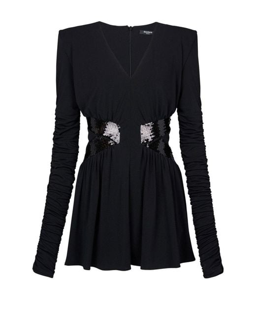 Balmain Black Sequin-embellished V-neck Mini Dress