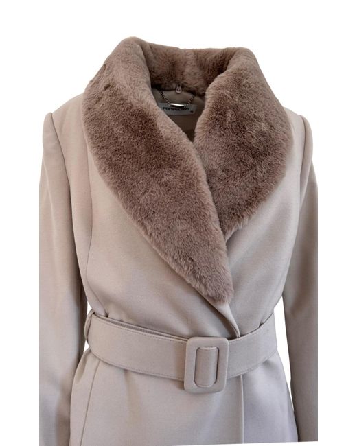 Cult Moda Natural Faux Fur Collar Wrap Trench Coat