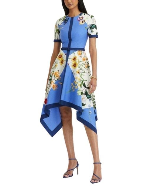 Oscar de la Renta Blue Floral-print Flared Cotton Dress