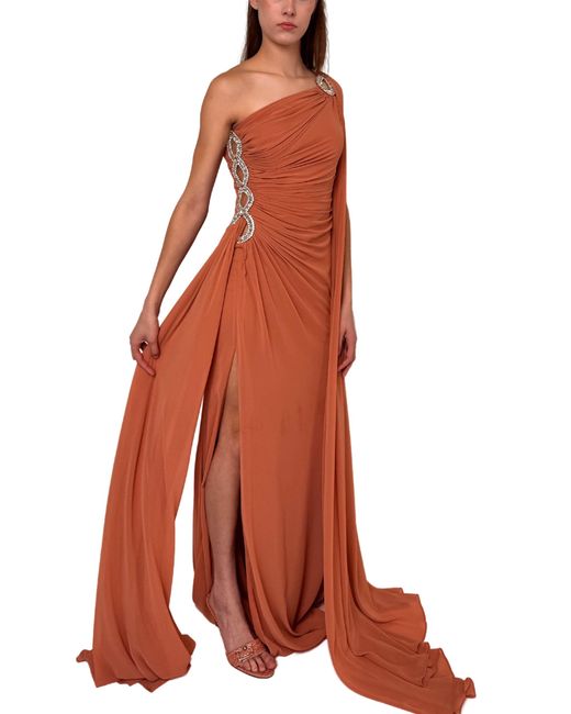 Cult Moda One Shoulder Beaded Gown In Brown