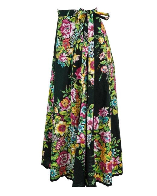 Etro Green Floral Print Cotton Silk Wrap Midi Skirt