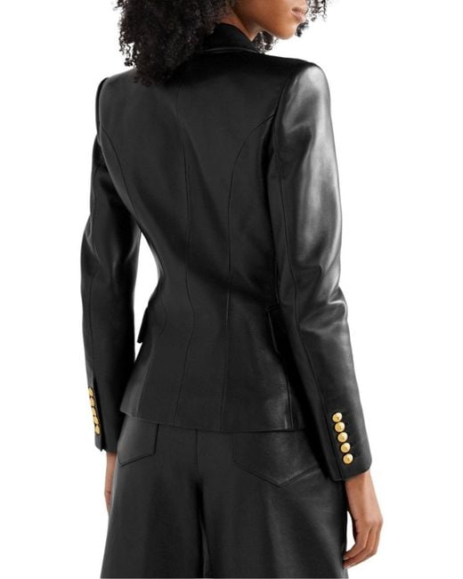 Balmain Black Double-Breasted Leather Blazer