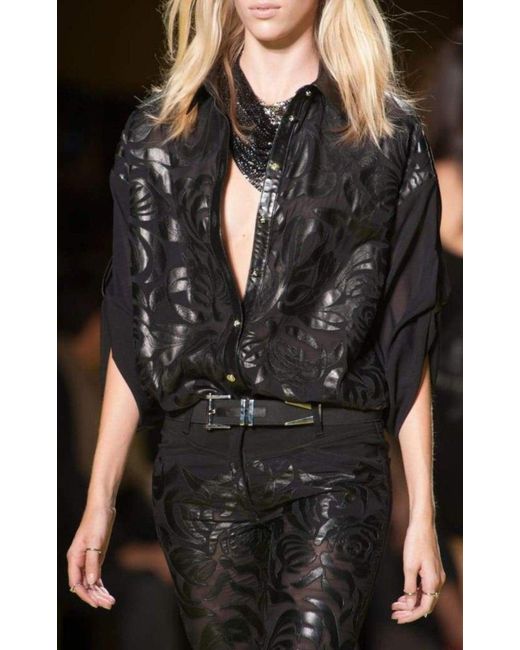 Versace Black Silk Cut Out Leather Applique Shirt It 42 (us 6)