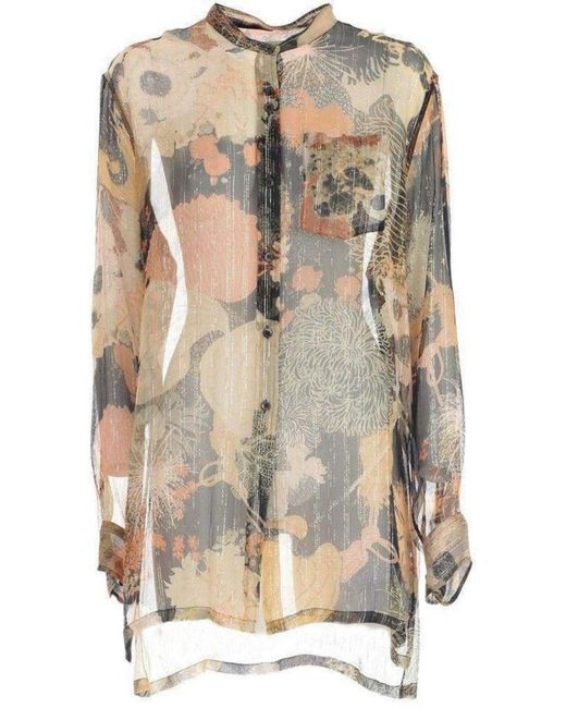 Dries Van Noten Orange Floral Print Silk Chiffon Shirt
