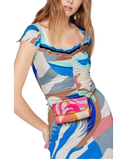 Emilio Pucci Blue Acapulco Print Gathered Silk Blend Dress It 38 (us