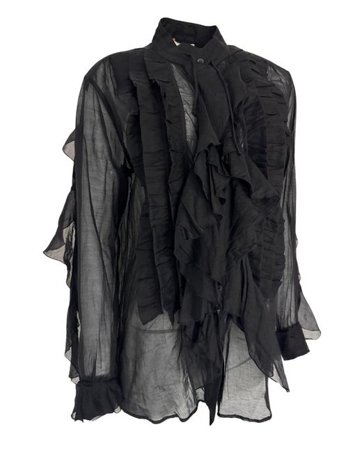 Dries Van Noten Black Ruffle Cotton Silk Blend Shirt