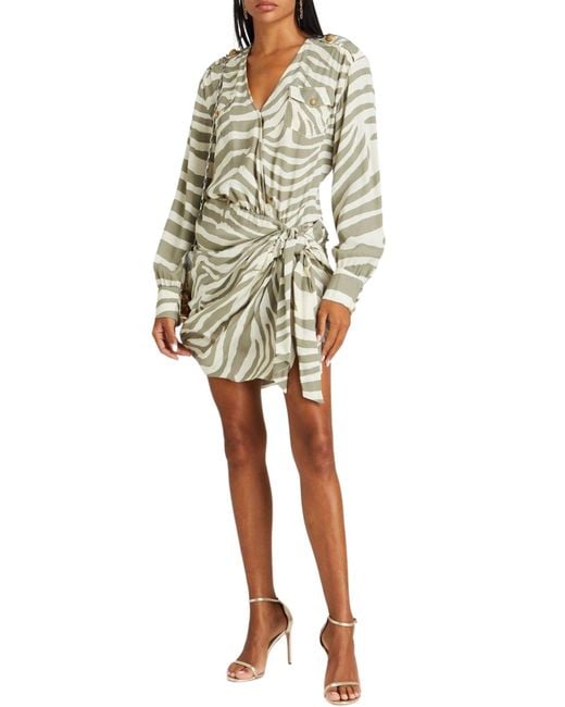 Balmain Natural Draped Zebra Print Wrap Dress