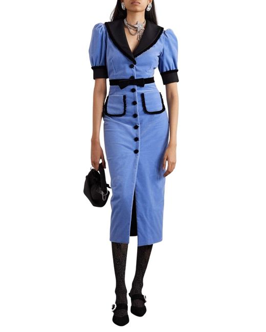 Alessandra Rich Blue Fitted Velvet Dress