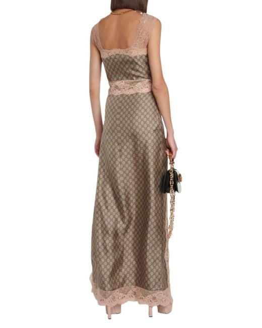 Gucci Natural GG Supreme Lace Trim Silk Maxi Dress