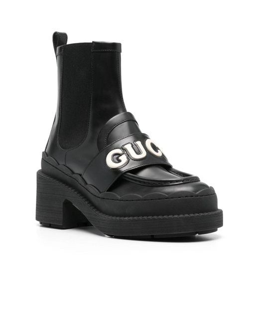 Gucci Black Ornella Logo Applique Leather Ankle Boots