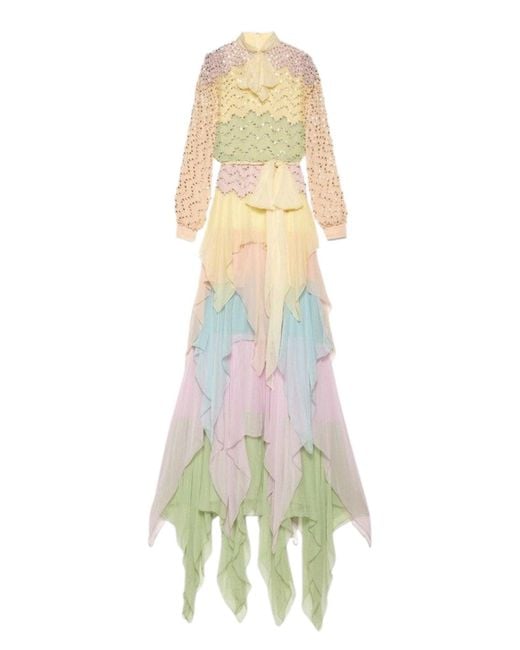 Gucci White Ruffled Silk Gown Embellished With Pearls & Rhinestones
