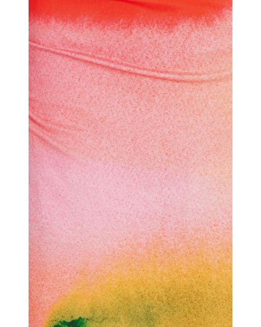 Oscar de la Renta Red Watercolor Print Draped Jersey Midi Dress