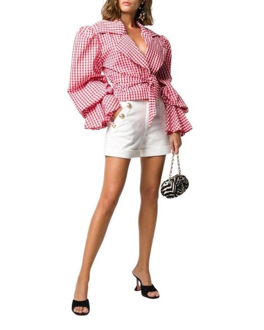 Balmain Red Balloon-sleeve Gingham Blouse