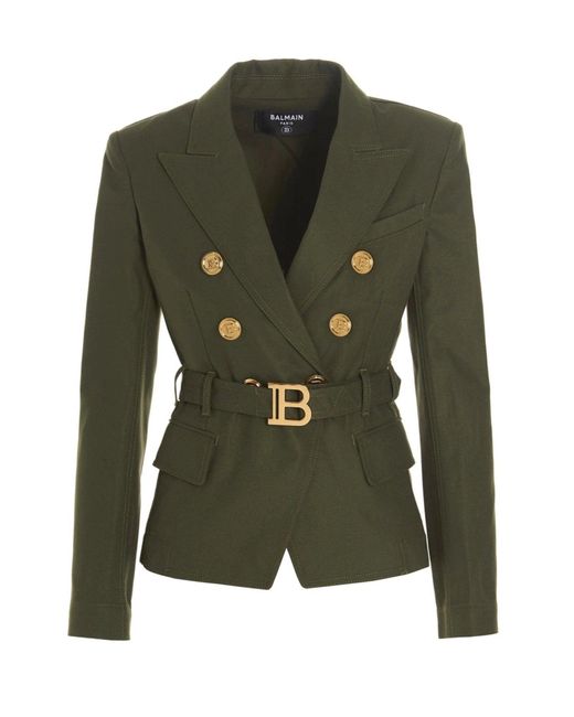 Balmain Green Belted Double-breasted Cotton Blazer