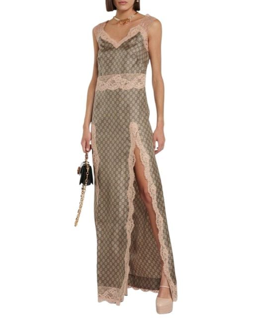 Gucci Natural GG Supreme Lace Trim Silk Maxi Dress