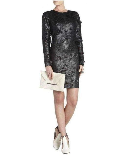 BCBGMAXAZRIA Black Embroidered Cutout Faux Leather Dress