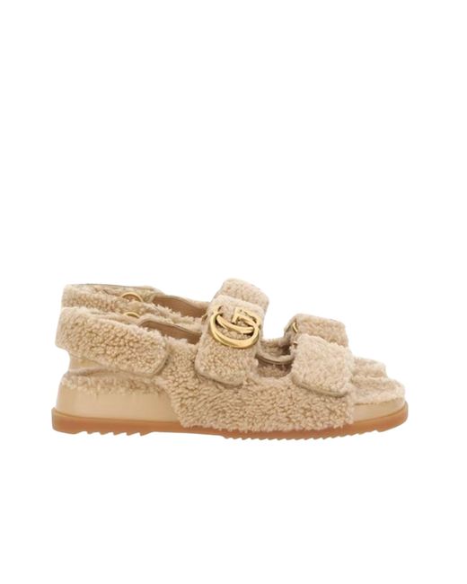Gucci Natural Double G Merino Wool Sandals In Beige