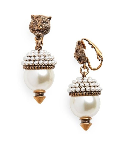 Gucci Metallic Feline Head Pearl Drop Earrings