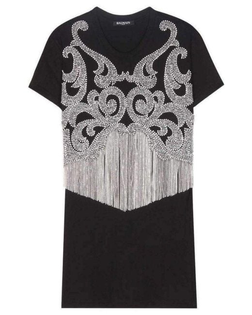 Balmain Black Crystal And Beads Fringe Cotton Shirt