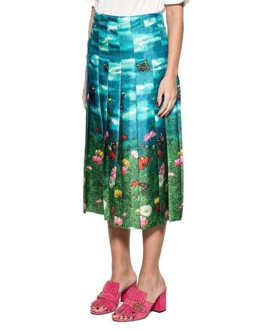 Gucci Blue Vita Garden Pleated Silk Skirt It 36 (us 0)