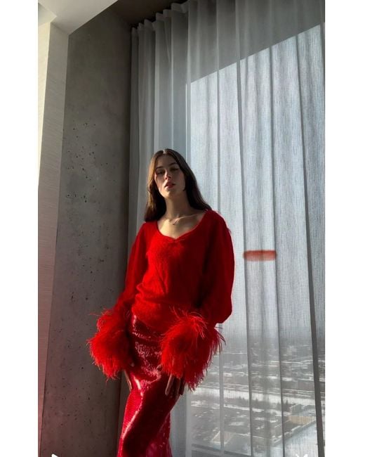 Gucci Red Feather Cuff Mohair Sweater