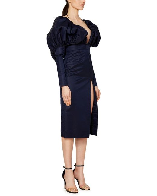 LAQUAN SMITH Blue Faille Halter Neck Puff Sleeve Midi Dress