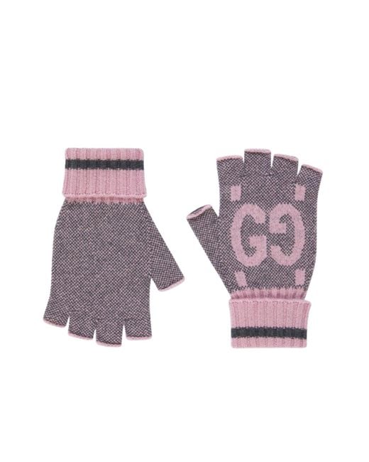 Gucci Purple GG Cashmere Fingerless Gloves Pink Grey