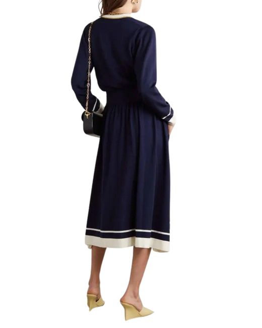 Gucci Blue Button Embellished Striped Wool Midi Dress