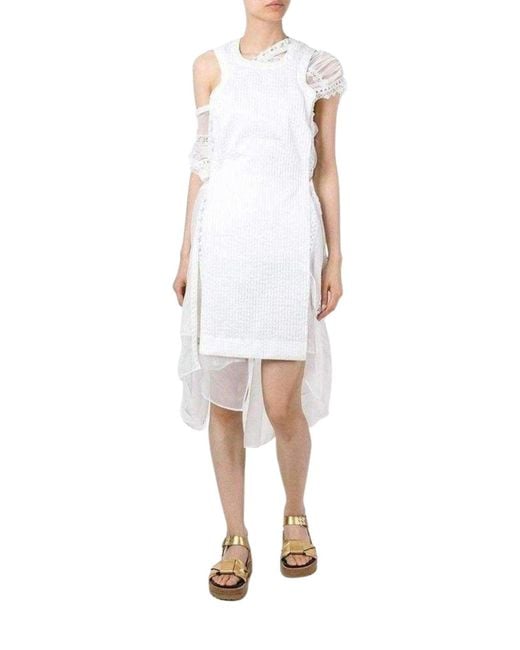 Sacai Lace Trim White Seersucker Dress