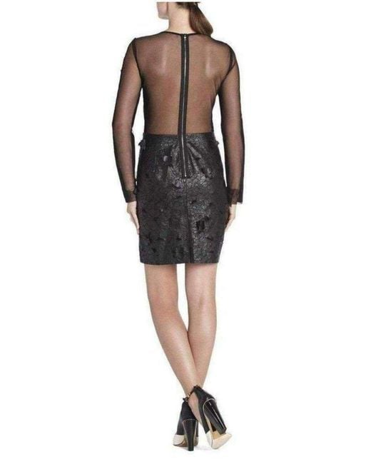 BCBGMAXAZRIA Black Embroidered Cutout Faux Leather Dress