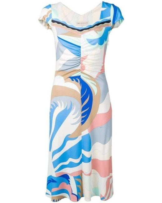 Emilio Pucci Blue Acapulco Print Gathered Silk Blend Dress It 38 (us