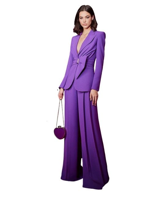 Zuhair Murad Purple Gathered Belted Blazer And Wide-leg Trousers Set