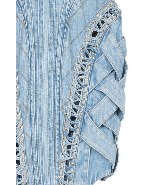 Balmain Blue High-waist Lace-up Denim Skirt