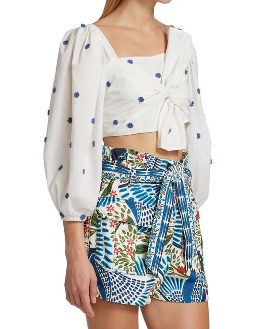 Farm Rio White Flower-embroidered Cotton Crop Top