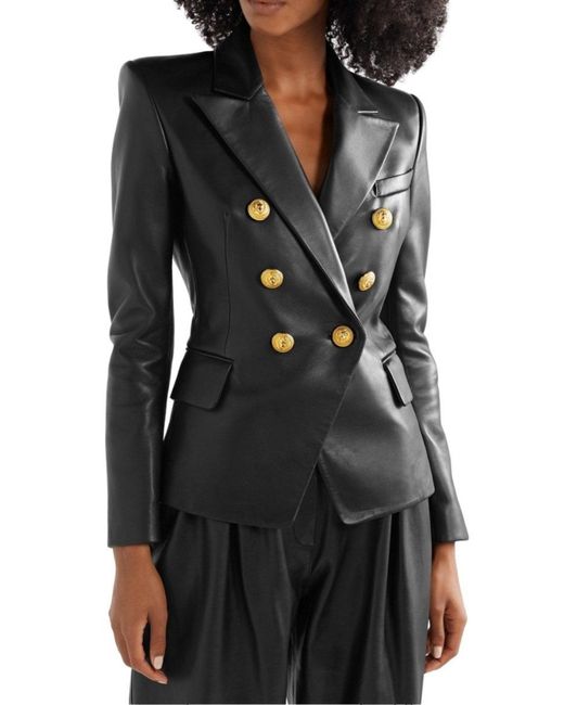 Balmain Black Double-Breasted Leather Blazer